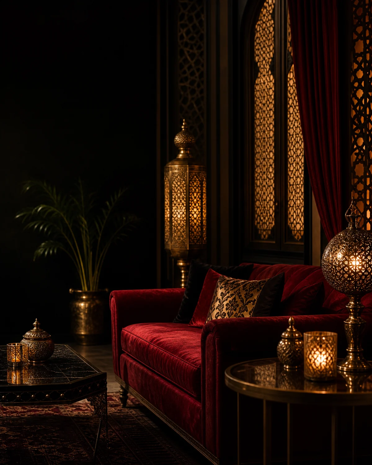 premium femdom cam show concept in a private red and gold lounge